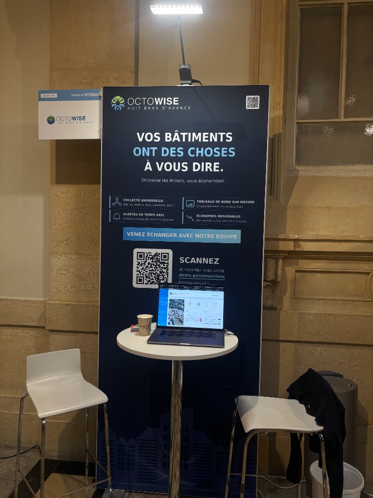 Octowise stand at the Start-up Village, roll-up banner and laptop demo